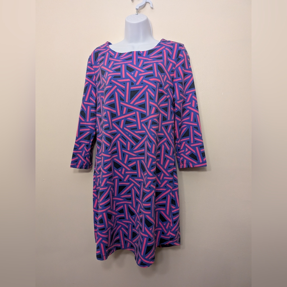 Mahi Gold Geometric Print Shift Dress • Blue Pink • Size M • Coastal Resort Wear